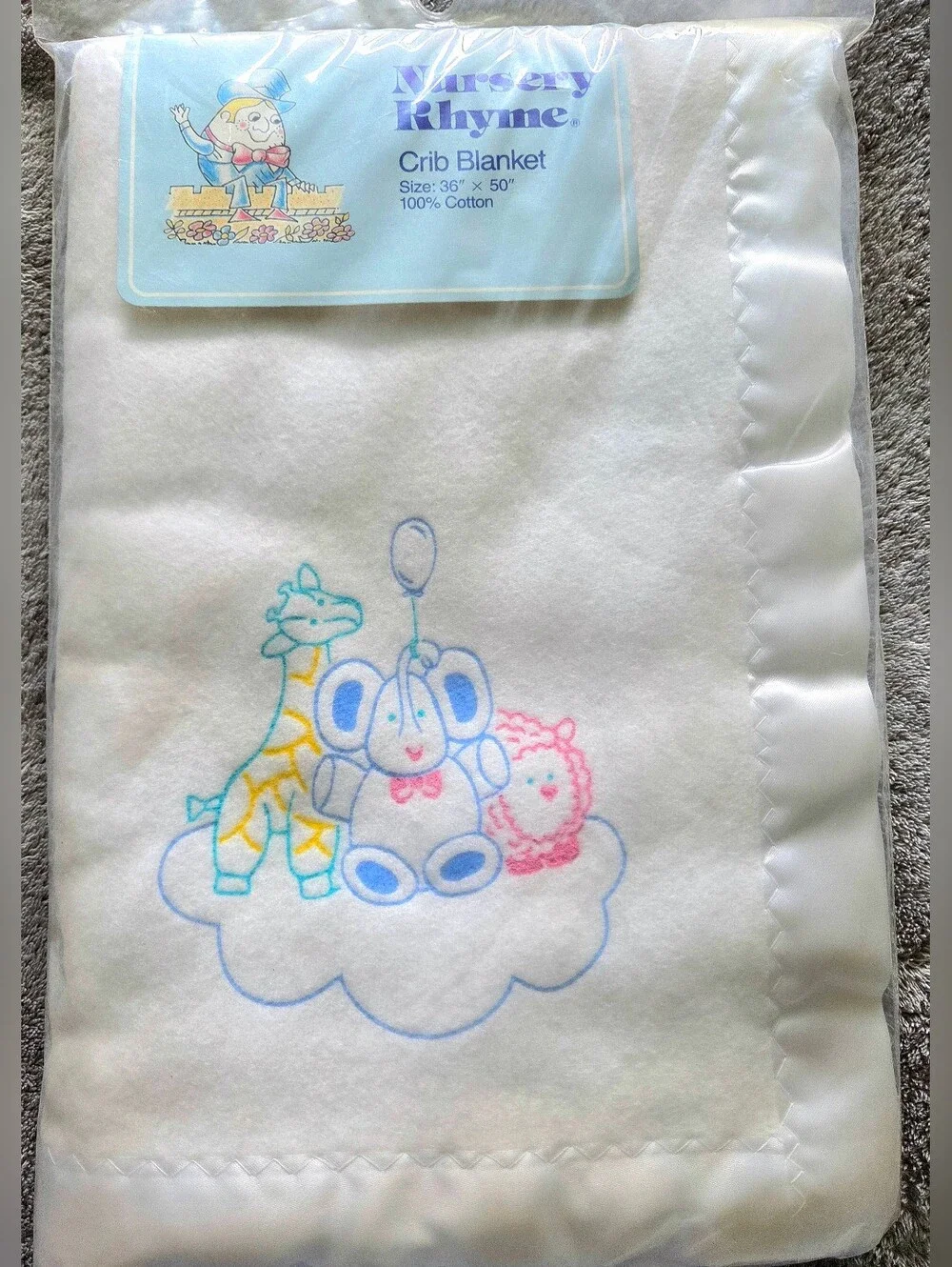 Vintage Crib Blanket Cotton Satin Trim Nursery Rhyme 36 X 50